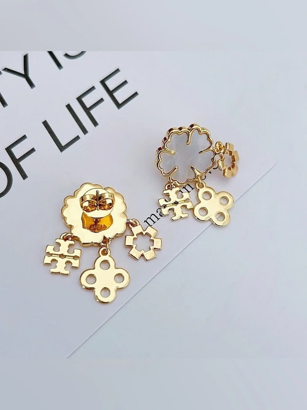 Tory Burch White and Gold Enamel Floral Dangle Earrings